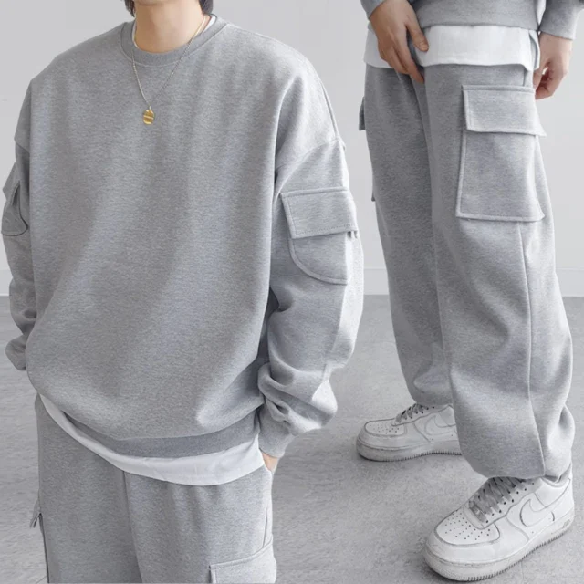 오버핏 탄탄 이중지 포켓 카고 레이어드 맨투맨 후드
